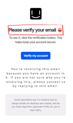 Screenshot of an account verification email showing a red box drawn around the title 'Please verify your email' followed by a smiling face emoji. Below is a blue 'Verify my account' button.